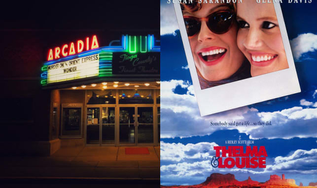 Vintage cinema with neon lit signs, next to Thelma & Louise cover art (the two best friend's smiling faces are captured in a polaroid picture, set against a blue sky above a desert