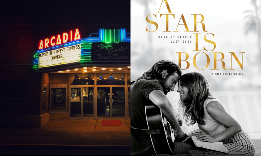 A collage with a photograph a vintage cinema at night, with glowing neon signs and the cover for 'A Star is Born', with the title written in gold font across a black and white photograph of Bradley Cooper holding a guitar with Lady Gag leaning into him.