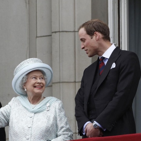 Photograph of Queen Elizabeth II smiling up at her adult son, Prince William
