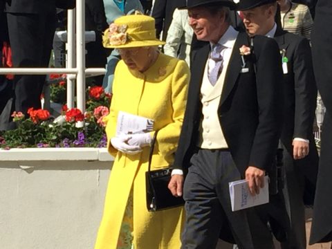HM Queen Elizabeth II in a yellow coat and hat, accompanied by a man in a top hat and tails. It is a sunny day with flowers in the background.